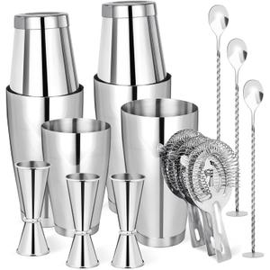 Mwellewm Cocktail Shaker Boston Shaker Set 15 Pcs Professional Bartender Kit Bar Shaker Stainless Steel Drink Shaker Bartending Martini Shaker Tin Mixed Alcohol Shaker Tool for Beginner(Silver)
