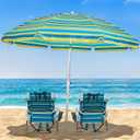 6.5ft Outdoor Beach Umbrellas UV 50+ Protection Windproof Portable Patio Umbrella for Sand Heavy Duty Beach, Garden Sunshade Umbrella with Push Button Tilt, Sand Anchor (Blue Green Stripe)