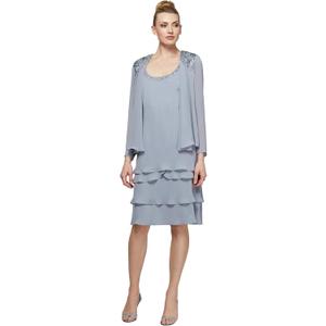 S.L. Fashions Women's Mother of The Bride Tiered Jacket Dress with Shoulder Embellishment, Concrete, 8 Petite