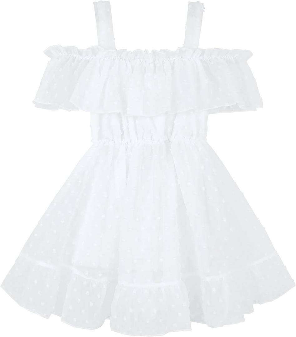 AGQT Toddler Girls Floral Print Dress Chiffon Off Shouler Casual Dress Ruffle Hem Tunic Dress Size 1-8T (7-8 Years, 7263a1# White Solid Polka Dot-off Shoulder)