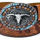 Utaly Western-Leather-Belts-Women Vintage-Country-Cowgirl-Belts Oval Bull Head Mens-Cowboy-Belt for Cowboots, Dress, Jeans 35"- 38" Waist