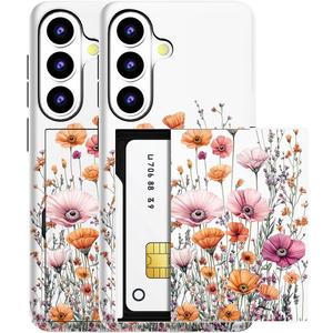 Compatible for Samsung Galaxy S26 Case with Card Holder Cute - Kawaii Design Military-Grade Drop Protection Rugged Wallet Cases for Women (White Pink Flower Fields)