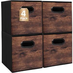 Fabric Storage Cubes, Collapsible Imitation Wood Organizer bins with 2 Handles - Set of 4, Fit Cube Storage Unit, for Clothes, Bedroom, Brown and Black (Small-10.5in x 10.5in x 11in-4 Pack)