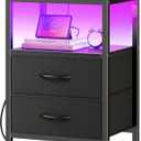 Huuger Night Stand with Charger Station and LED Lights, 2 Drawer Nightstand, Bed Side Table with Open Shelf, End Table, Fabric Dresser for Bedroom, Black