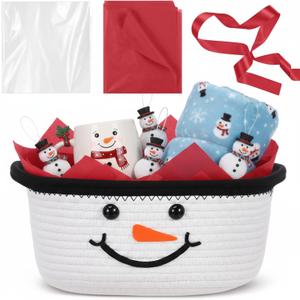 Zopeal Christmas Woven Basket with Gift Bag, Ribbon and Red Tissue Paper Snowman Emoticon Woven Storage Bin Empty Basket Holiday Decorative for Xmas Gifts, 12 x 8 x 5 inch