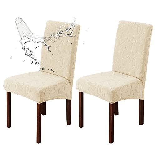 Genina Waterproof Dining Room Chair Covers Stretch Parsons Chair Slipcovers for Dining Room Kitchen Chair Protector Cover, Removable, Washable (2, Flower Pattern-Beige)