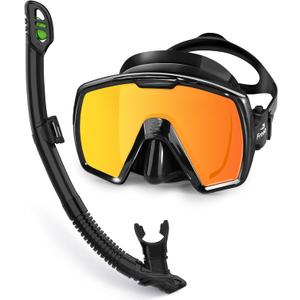 Freela Adult Dry Snorkel Set with Mirrored Lens Anti-Fog 180 Wide View Anti-Fog, Scuba Diving Mask with Nose Cover, Snorkeling Gear for Men Women