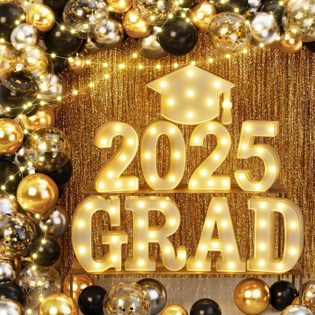 2025 Graduation Decorations, 79 PCS Graduation Party Supplies with 9 LED Marquee Light Up Letter Sign GRAD 2025 & Cap, Balloon Garland Kit for Outdoor Indoor Room Wall Table Grad Decor - Black Gold