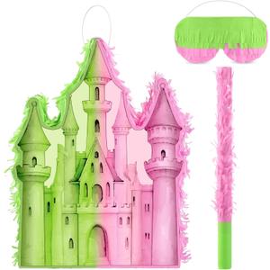 Witch Castle Pinata with Blindfold Stick Fillable for Candy and Treats Pink and Green Witch and Princess Pinata Hanging Birthday Party Decorations Wicked Party Supplies