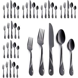 Black Silverware Set for 8, 40-Piece Stainless Steel Flatware Set, Shiny Black Metal Cutlery Set, Include Fork, Knife and Spoon Set, Dishwasher Safe