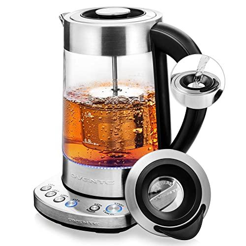 OVENTE 1.7L Electric Tea Kettle with Removable Infuser, Variable Temperature Control, Keep Warm Function, 1500W Fast Heating Water Boiler, BPA Free Borosilicate Glass & Easy to Fill Lid, Silver KG733S