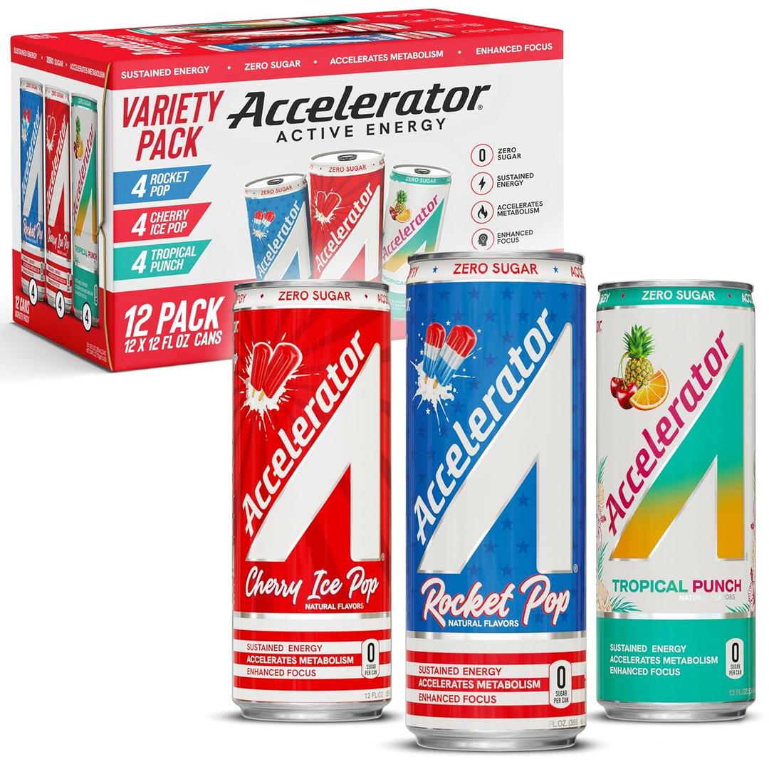 Accelerator Active Energy Drink Sugar Free Zero Carbs, Variety Pack, 12oz can(12 pack) Enhanced Focus & Sustained Energy from 100% Natural Caffeine (200mg), Ashwagandha, Coq10 & Green Tea Extract BB Date 03/27 Accelerator Active Energy Drink Sugar Free Zero Carbs, Variety Pack, 12oz can(12 pack) Enhanced Focus & Sustained Energy from 100% Natural Caffeine (200mg), Ashwagandha, Coq10 & Green Tea Extract BB Date 03/27