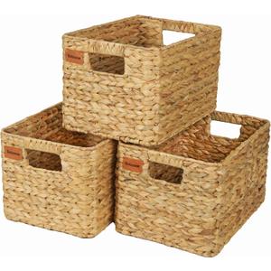 Large Wicker Storage Baskets, Set of 3, Water Hyacinth Basket Organizer, 14.2x10.2x8.7H Inches -Great Storage Solution for Shelf and Pantry Storage (Traditional Pattern)