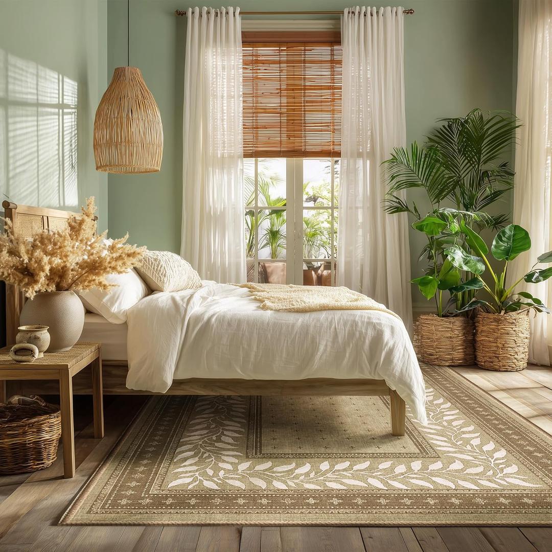 NICETOWN 8x10 Area Rug, Natural Throw Rug for Living Room, Washable Thin Carpet for Bedroom, Non-Slip Stain Resistant Foldable Large Carpet Pet & Kids Friendly for Dining Room