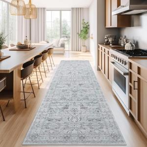 jinchan Hallway Runner Rug 3x8 Machine Washable - Vintage Floral Non-Slip Low-Pile Soft Ultra-Thin Faux Wool Kitchen Rug Distressed Carpet Runner for Farmhouse Bedroom Laundry Room (3x8ft,Grey)