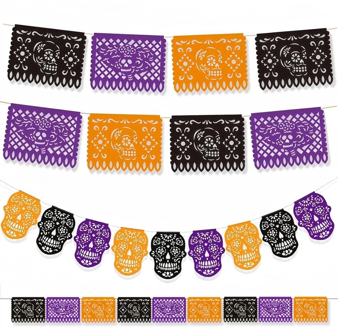 YVAINE 2 Pack Plastic Papel Picado Day of The Dead Sugar Skull Bunting Banner Altar Decoration- 18 pcs Fiesta Dia De Los Muertos Black Purple Orange Flag Banner for Mexican Cinco De Mayo Decorations
