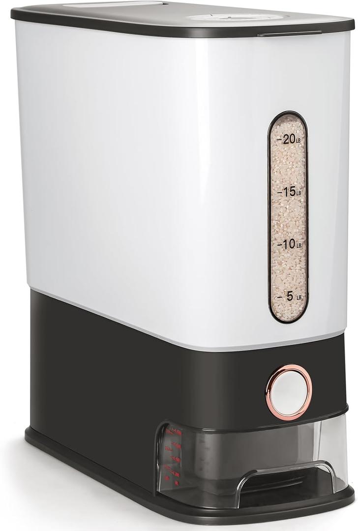 Rice Dispenser 26.5 Lbs, Rice Storage Container with Measuring Cup, BPA-Free Airtight Household Cereal Dispenser Bucket with Time Scale, Food Bin for Rice Grain and Kitchen Pantry Organization