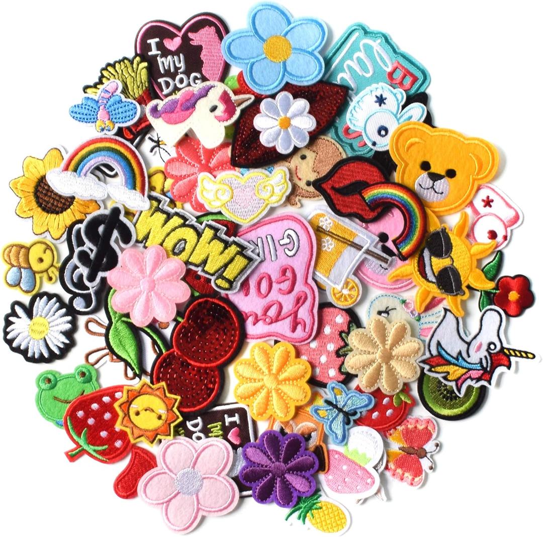 AXEN 60PCS Embroidered Iron on Patches DIY Accessories, Random Assorted Decorative Patches, Cute Sewing Applique for Jackets, Hats, Backpacks, Jeans, 60 Pieces Package (60PCS Random)