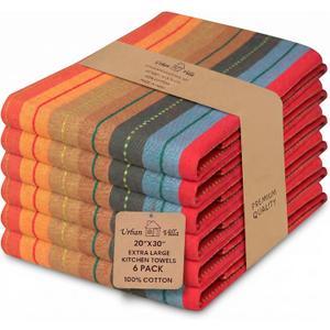 Urban Villa Kitchen Towels 100% Cotton Dish Towels for Kitchen (Set of 6) 20"x30" Highly Absorbent Kitchen Linen Set with Hanging Loop Dish Cloths Perfect for Drying Dishes Cleaning Towels - Red Multi