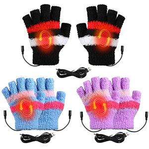 3 Pairs USB Heated Gloves for Women Fingerless Warm Laptop Gloves for Hand Warmers Mittens Computer Electric Gaming