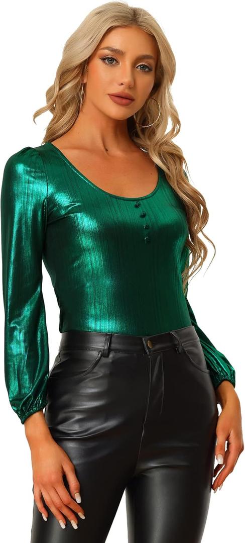 Allegra K Metallic Blouse for Women's Sparkly Party Shiny Bishop Sleeve Glitter Tops, X-Small, Green