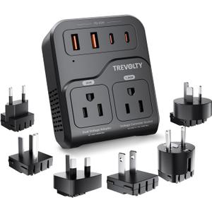 TREVOLTY 2000W Voltage Converter US to Europe, 220V to 110V Converter for Hair Dryer, 7-in-1 European Travel Plug Adapter with 3AC/ 2USB-A/ 2USB-C (Black)