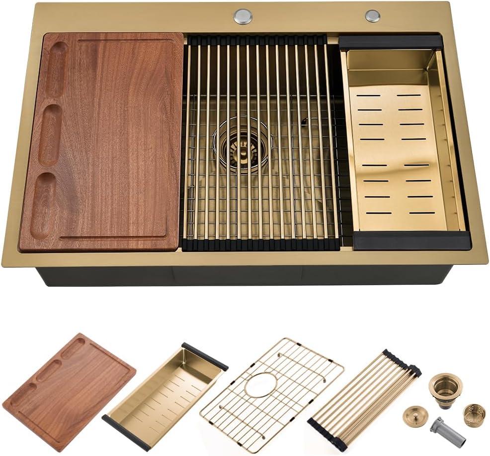 Gold Kitchen Sink Drop-In Anomla 27x22 Drop In Kitchen Sink Top Mount Workstation Sinks 16 Gauge Brushed Gold Stainless Steel Single Bowl Deep Sinks with Cutting Board