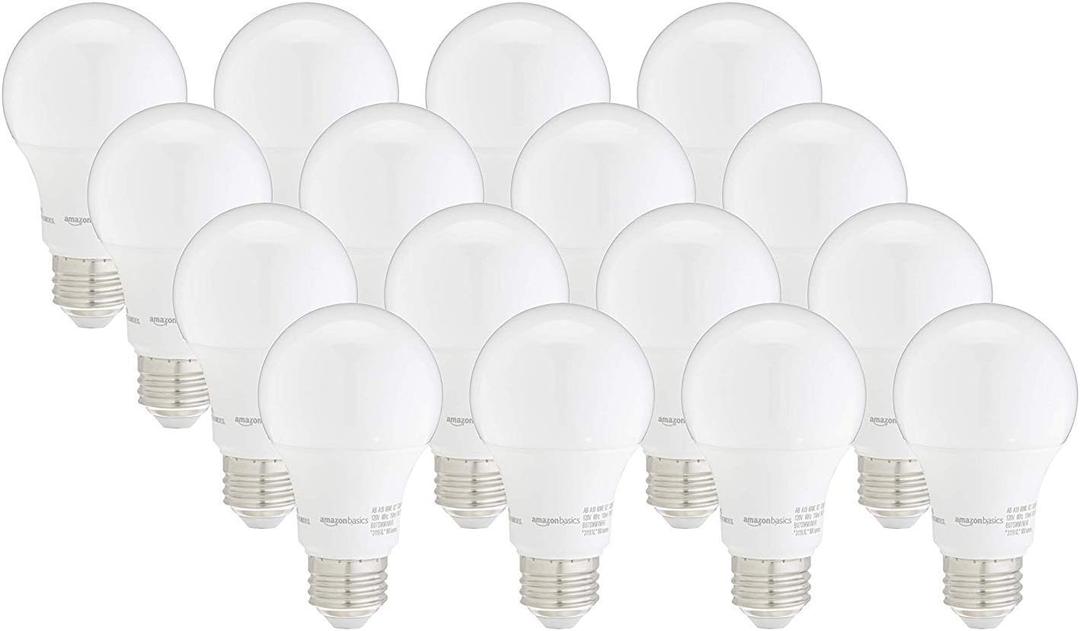 Amazon Basics A19 LED Light Bulbs, 60 Watt Equivalent, Energy Efficient 9W, E26 Standard Base, Soft White 2700K, Dimmable, 10,000 Hour Lifetime , 16-Pack
