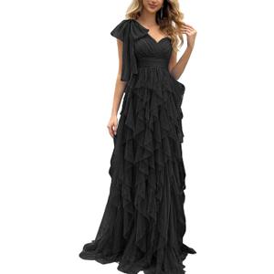 Summer Women Tulle Prom Dress Elegant Bow One Shoulder Slit Evening Party Gown Wedding Guest Bridesmaid Maxi Dress, 2XL
