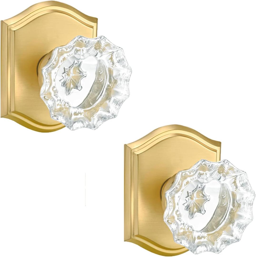 Glass Dummy Door Knob Interior, Gold Crystal Dummy Door Knob for Bifold Closet Doors, Satin Brass 2 Pack