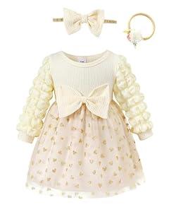 Renotemy Infant Baby Girl Dress Fall Winter Outfits Apricot Baby Baptism Dress Puff Sleeve Tutu Tulle Dresses for Baby Girls Princess Wedding Birthday Party Dresses with Flower Headband 6-12 Months
