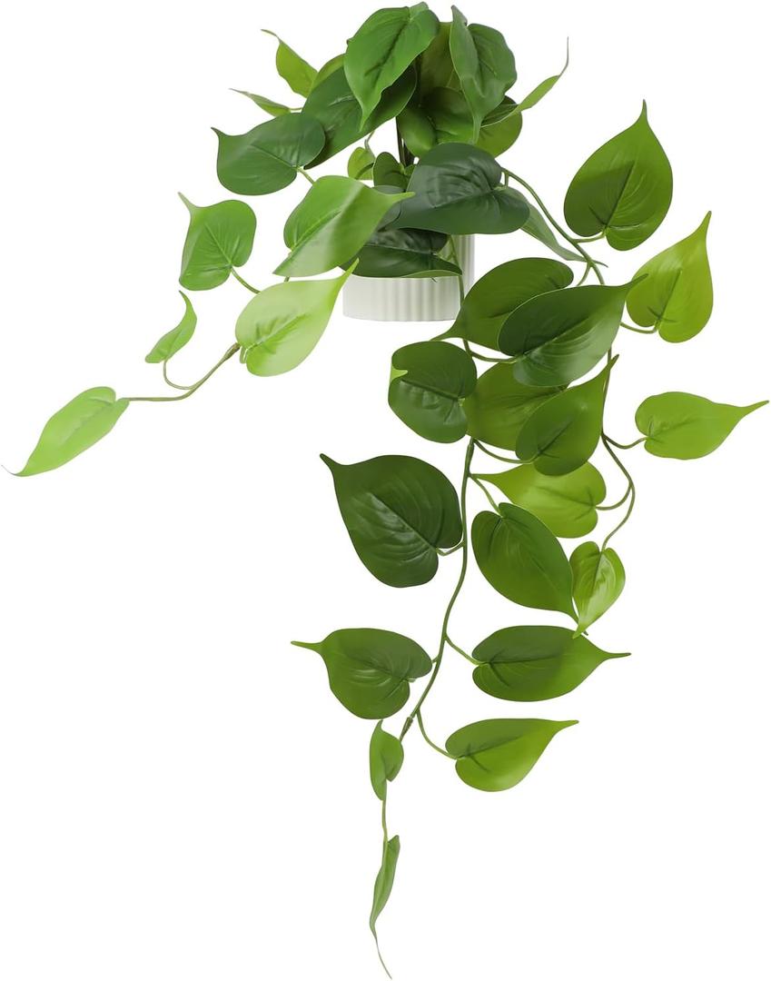 Fake Pothos Hanging Plant Artificial Plastic Ivy Vines with White Pot, Realistic Faux Greenery for Indoor Home Office Bathroom Shelf Cabinet Decoration