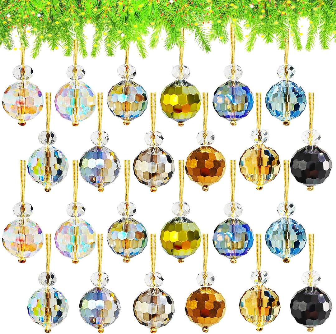 24Pcs Crystal Glass Christmas Balls Ornaments,Mini Colorful Prism Ball,Hanging Christmas Tree Decorations Ornament for Xmas,Wedding,Party,Home Decor,12 Colors,0.89 Inch