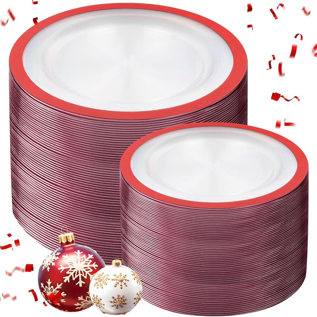 U-QE 200PCS Red Plastic Plates - Christmas Plastic Plates Disposable Heavy Duty - Fancy Disposable Plate Include 100 10" Dinner and 100 7" Dessert Platos for Party, Christmas & Wedding