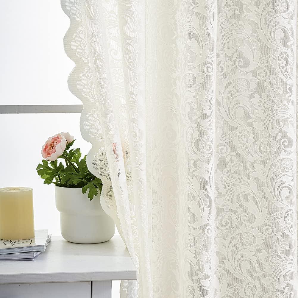 ALIGOGO Ivory Lace Curtains 84 Inches Long - Floral Sheer Curtains for Living Room, Scalloped Privacy Cream Vintage Lace Window Treatments 1 Pair, Rod Pocket, 52 x 84 Inch, Light Beige