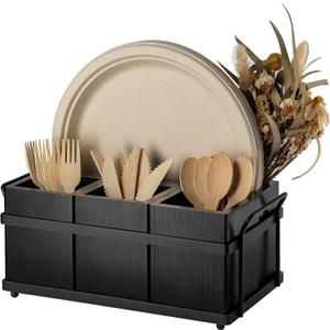 PTSTING Silverware Caddy Black Wood Silverware Holder Paper Plate Dispenser Utensil Caddy Cutlery Flatware Organizer Box for Spoons Forks Plates Napkins