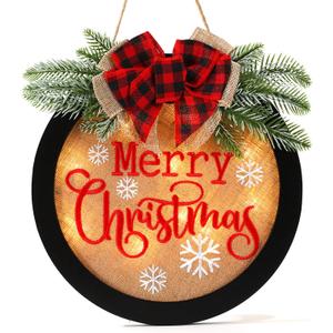 HOMCDALY Merry Christmas Welcome Sign for Front Door, Winter Merry Christmas Wreath with Light, Farmhouse Door Decoration Wooden Hanging Sign, Winter Home Decoration (F-Xmas-Black)