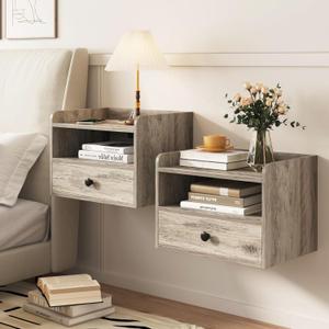 Floating Nightstand Set of 2 Modern Night Stands with Drawer and Open Shelf Cubby Small Bedside End Table with Charging Station Wall Mounted Nightstands Set 2 for Bedroom Grey