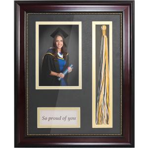 GraduationMall Graduation Photo Shadow Box Frame with Tassel Holder for 4x6 Pictures,Real Glass,Black over Gold Double Mat,Wall & Tabletop Design