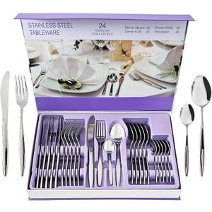 24-Piece Stainless Steel Silverware Set for 6, Stylish Apartment Essential Kitchen Serving Utensil Set, Mirror-Finish Flatware Cutlery Set for Home and Restaurant, Great Gift for Family & Friends