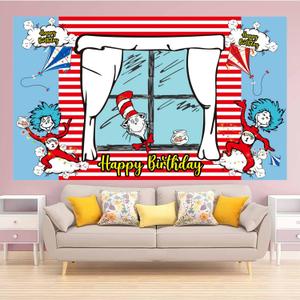 Happy Birthday Backdrop Banner 70.8X43.3 inches, Red and Blue Stripes Cartoon Window Kite Photography Background for Cat in The Hat Birthday Decoration