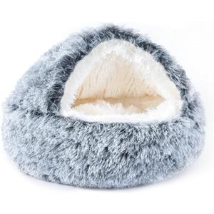 NOYAL Round Hooded Donut Dog Bed for Small & Medium Pets - Plush Fluffy Anti-Anxiety Cat Cave Bed with Cover (Medium 23.6'', Gradient Dark grey)