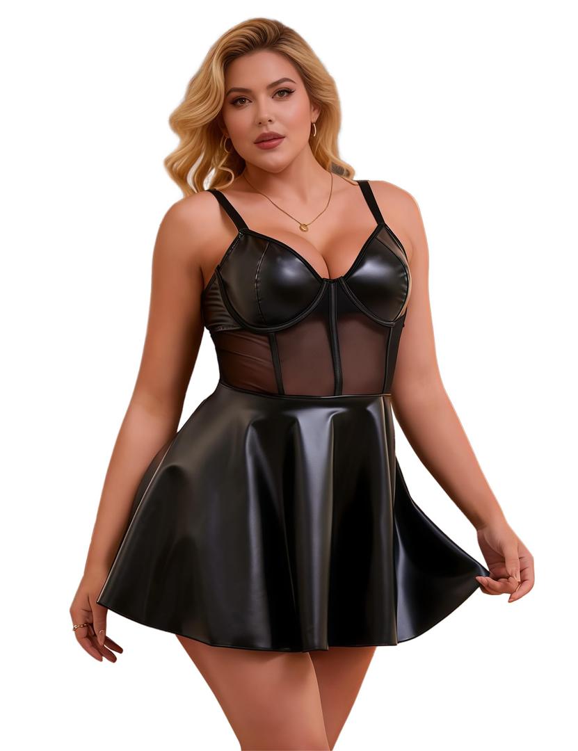 comeondear Sexy Black Faux Leather Lingerie Set for Women (Black, XL)
