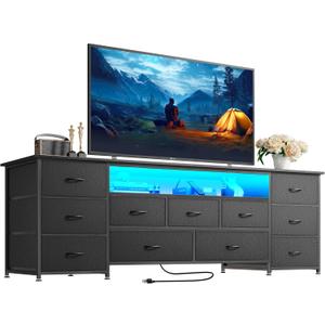 Huuger 63 Inch TV Stand for 65, 70 Inch TV, 11 Drawer Long Dresser with Power Outlets and LED Lights, Entertainment Center with Storage, Black Dresser with PU Leather Surface
