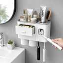 Toothbrush Holders Bathroom Accessories with Toothpaste Dispenser, 2 Cups Toothbrush Holder Wall Mounted Bathroom Decor (Grey and White - Two Cups)