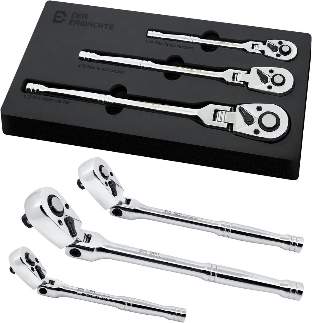 3-Piece Flex-Head Ratchet Set, 1/4", 3/8", 1/2" Drive Ratchet, 72-Tooth with Quick-Release Reversible Design, Chrome Alloy Made, Fully Polished, with EVA Foam