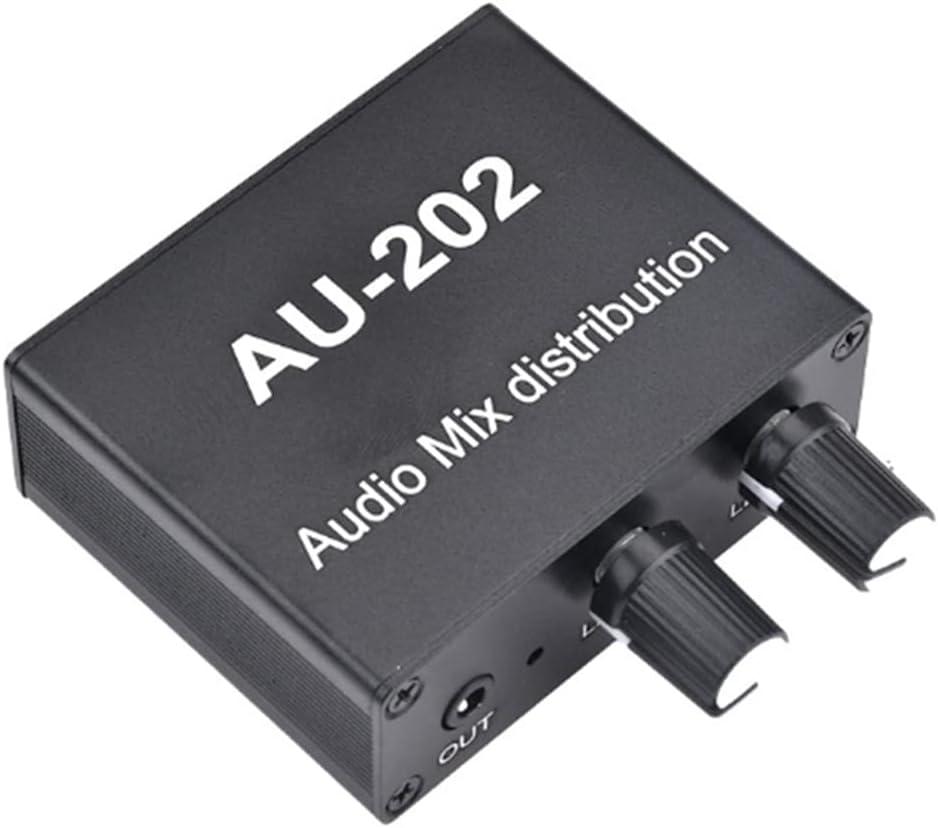 AU-202 2 Input 2 Output Stereo Mixer Audio Distributor for Headphone External Power AMP Volume Alone Control, Black, 500364205