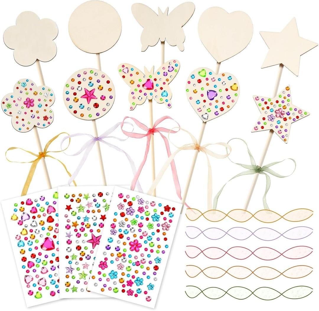 AUGSUN 43Pcs Princess Fairy Wands Kit, 20Pcs Wood Fairy Wands 20 Ribbons with 3 Sheets Gem Stickers Birthday Party Supplies Make Your Own DIY Crafts Art Magical Gifts