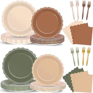 96pcs Woodland Baby Shower Decorations Brown Sage Green Plates and Napkins Woodland Party Scalloped Disposable Dinnerware Brown Sage Green Tableware for Wedding Forest Safari Animal Theme Supplies