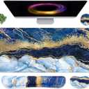 4-in-1 Large Gaming Mouse Pad, Keyboard Wrist Rest Pad & Wrist Support Mousepad Set, Extended Desk Pad Waterproof Desk Mat for Home Office Study Game - Blue Gold Marble